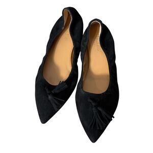 J. Crew 6 Lottie Black Suede Leather Point Toe Tassel Ballet Flats Old Money EUC